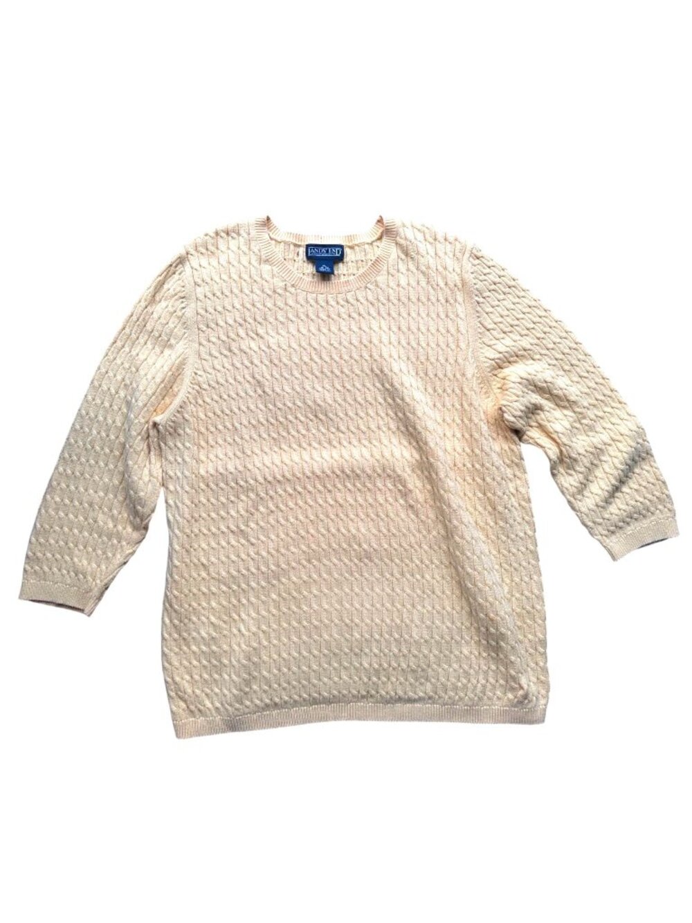 Vintage Lands End Womens XL Cable Knit Sweater Yellow 100% Cotton Hong Kong Tag